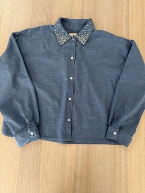 Tuckernuck Blue Chambray Pearl & Rhinestone Embellished Collar Crop Shirt L